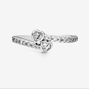 LIKE NEW Pandora Two Sparkling Hearts Ring For Sale (Sterling Silver)